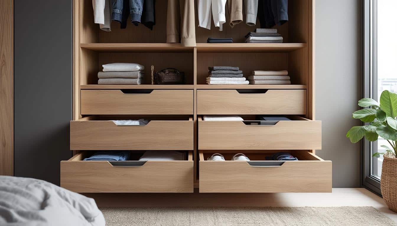 découvrez comment l'ajout de tiroirs coulissants personnalise et optimise votre dressing modulable pour un rangement pratique et élégant.