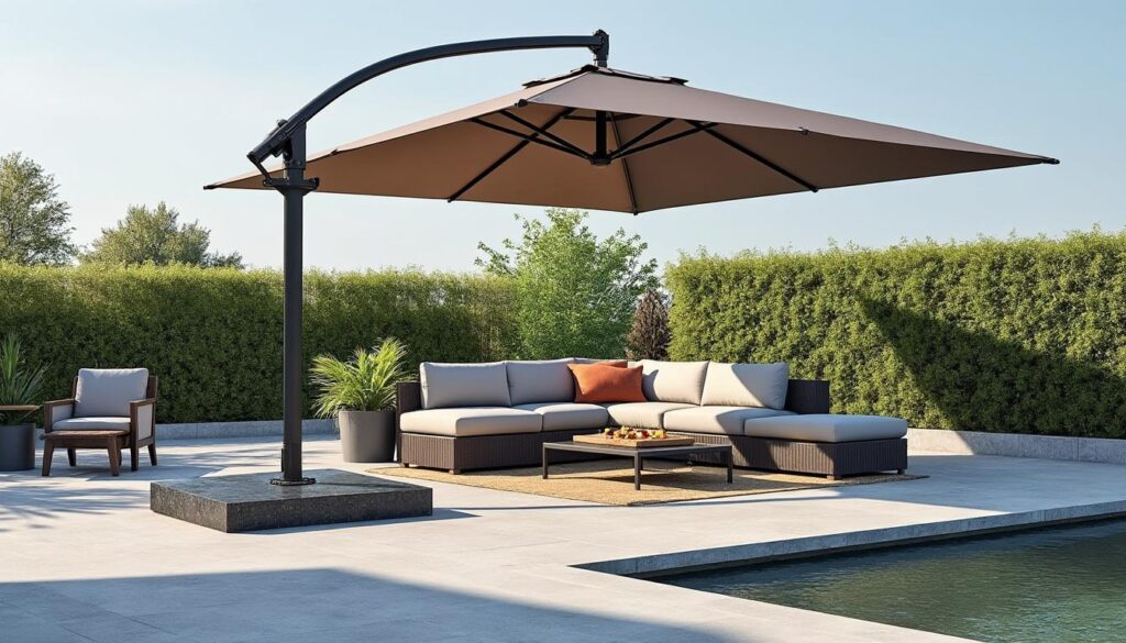 découvrez comment l'ancrage de la dalle en granit assure la stabilité optimale de votre parasol déporté, garantissant sécurité et résistance face au vent.