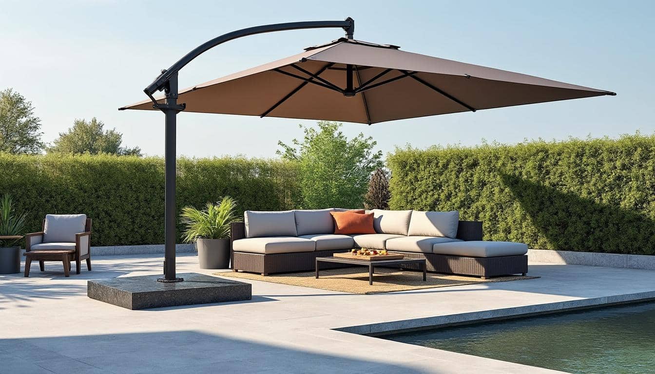 découvrez comment l'ancrage de la dalle en granit assure la stabilité optimale de votre parasol déporté, garantissant sécurité et résistance face au vent.