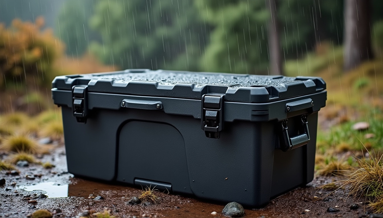 découvrez un coffre de rangement sécurisé grâce à son couvercle étanche aux intempéries, idéal pour protéger vos affaires de l'humidité et des intempéries.