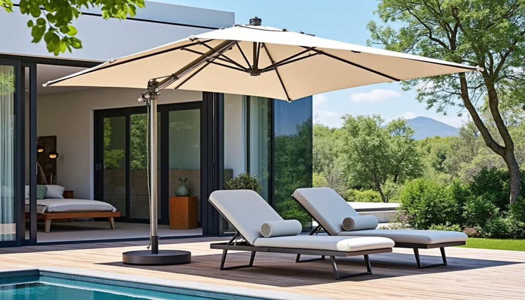 découvrez un parasol déporté innovant avec une rotation de la toile à 360 degrés pour un ombrage optimal et flexible toute la journée.