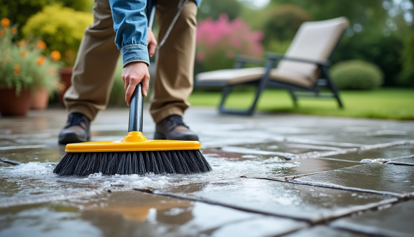 découvrez comment le brossage des dalles de la terrasse complète efficacement l'entretien extérieur pour une surface propre et bien entretenue.