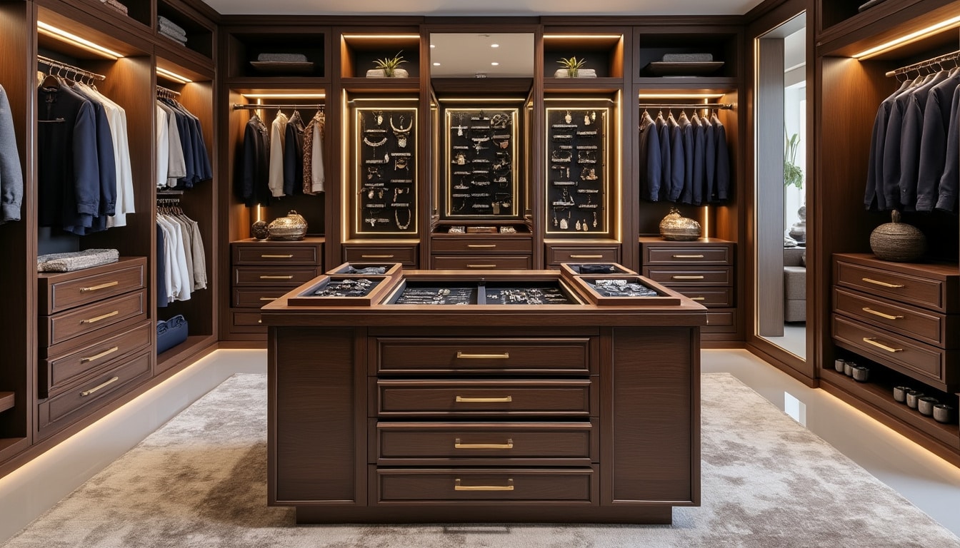 découvrez comment l'ajout d'un îlot central porte-bijoux de luxe transforme votre dressing modulable en un espace élégant et fonctionnel, alliant organisation et style.