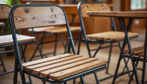découvrez comment l'utilisation d'une assise en lattes de bois apporte un charme rustique et une robustesse naturelle aux chaises pliantes, alliant esthétique et confort.