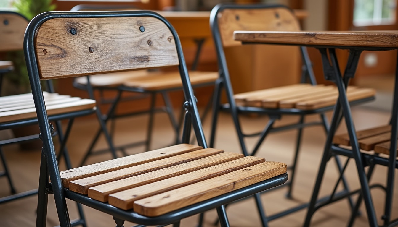 découvrez comment l'utilisation d'une assise en lattes de bois apporte un charme rustique et une robustesse naturelle aux chaises pliantes, alliant esthétique et confort.